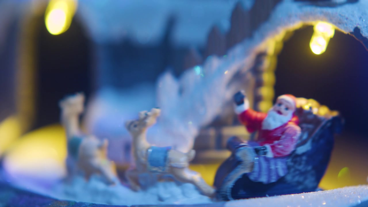Cinematic 4K push-past shot moving beyond a girl in a red coat to reveal Santa Claus riding his sleigh with reindeer along a snowy path in a festive Christmas village.