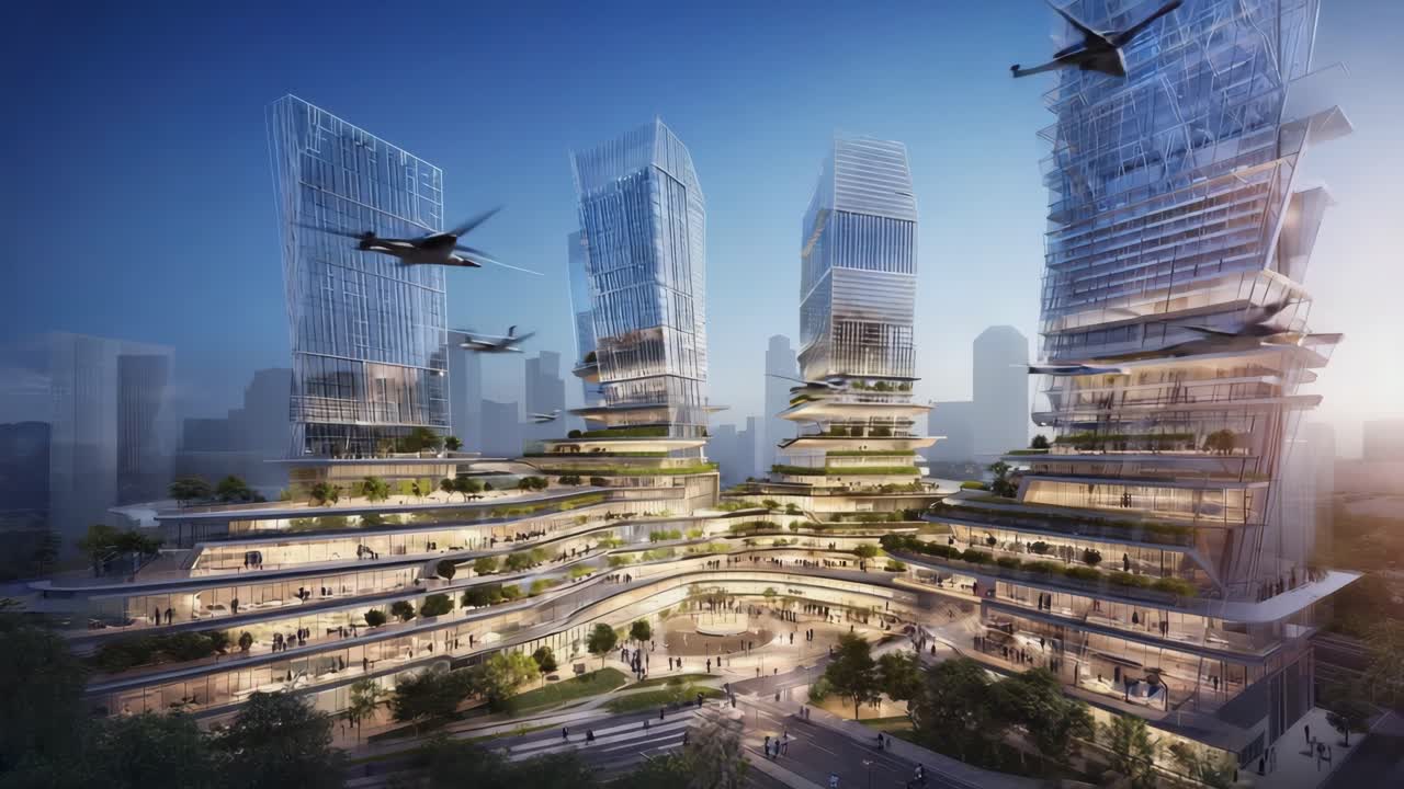 Futuristic Cityscape with Modern Skyscrapers, Green Terraces, and Flying Vehicles