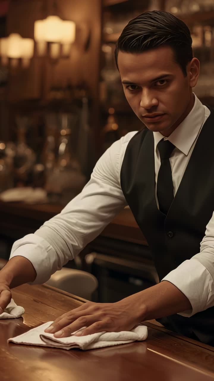 Vertical video: Placing folded cloth, bartender in vest wiping counter at pub to polish, copy space