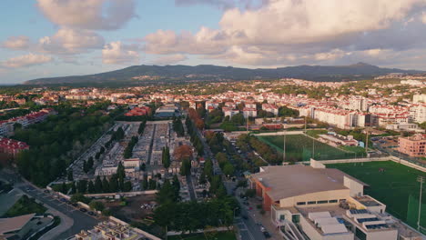drone serene city morning landscape under summer clouds. districts