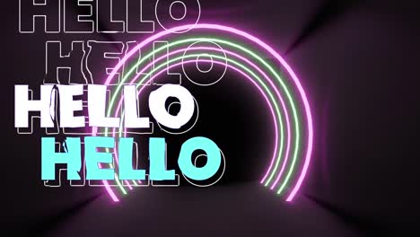 animation of hello text over neon tunnel on black background