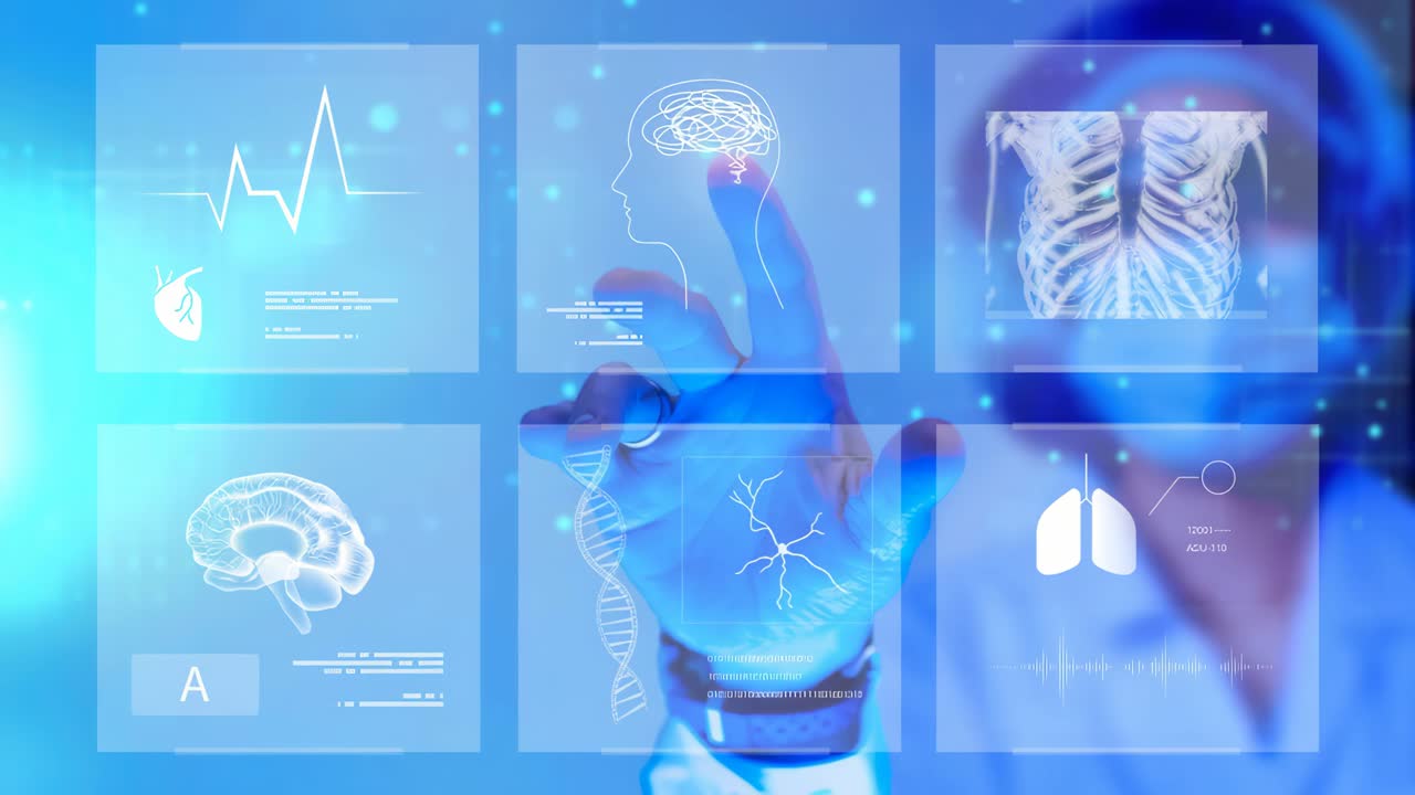 Futuristic medical interface with a hand interacting with holographic screens