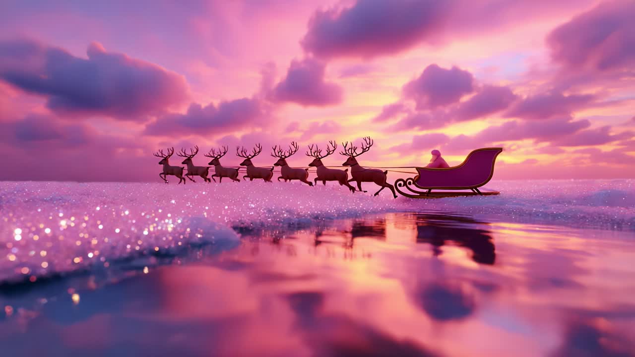 A Magical Winter Scene Depicting a Sleigh Pulled by Reindeer Gliding Over a Sparkling Surface Under a Vibrant Pink and Purple Sky at Sunset, Capturing the Essence of Holiday Cheer and Joy