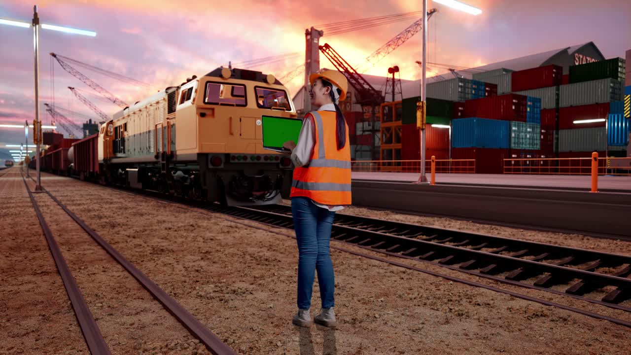 Full Body Back View Of Asian Female Engineer With Safety Helmet Working A Green Screen Laptop With Freight Cargo Train At Port