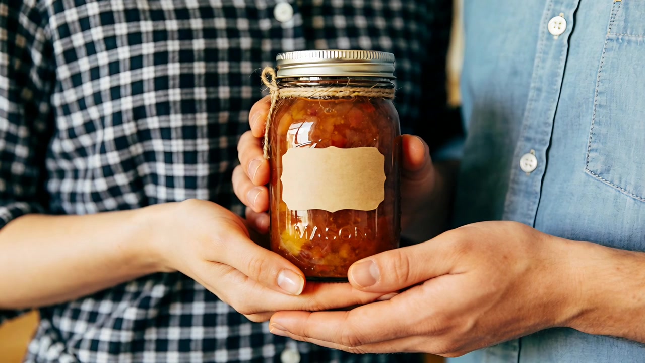 Holding couple presenting mason jar in kitchen, twine, blank label, in checkered and denim shirts