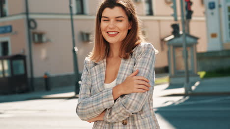 woman in a plaid jacket outdoors