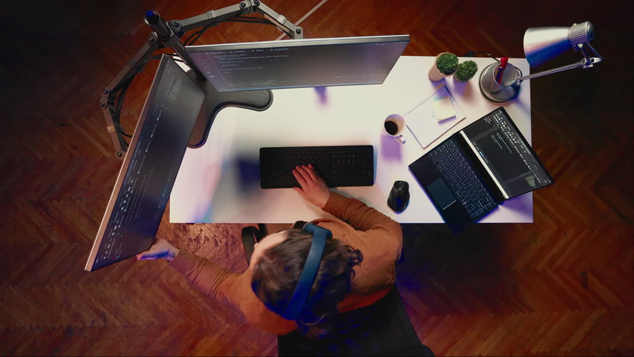 Jittery IT admin doing multitasking in office, drinking coffee, listening music