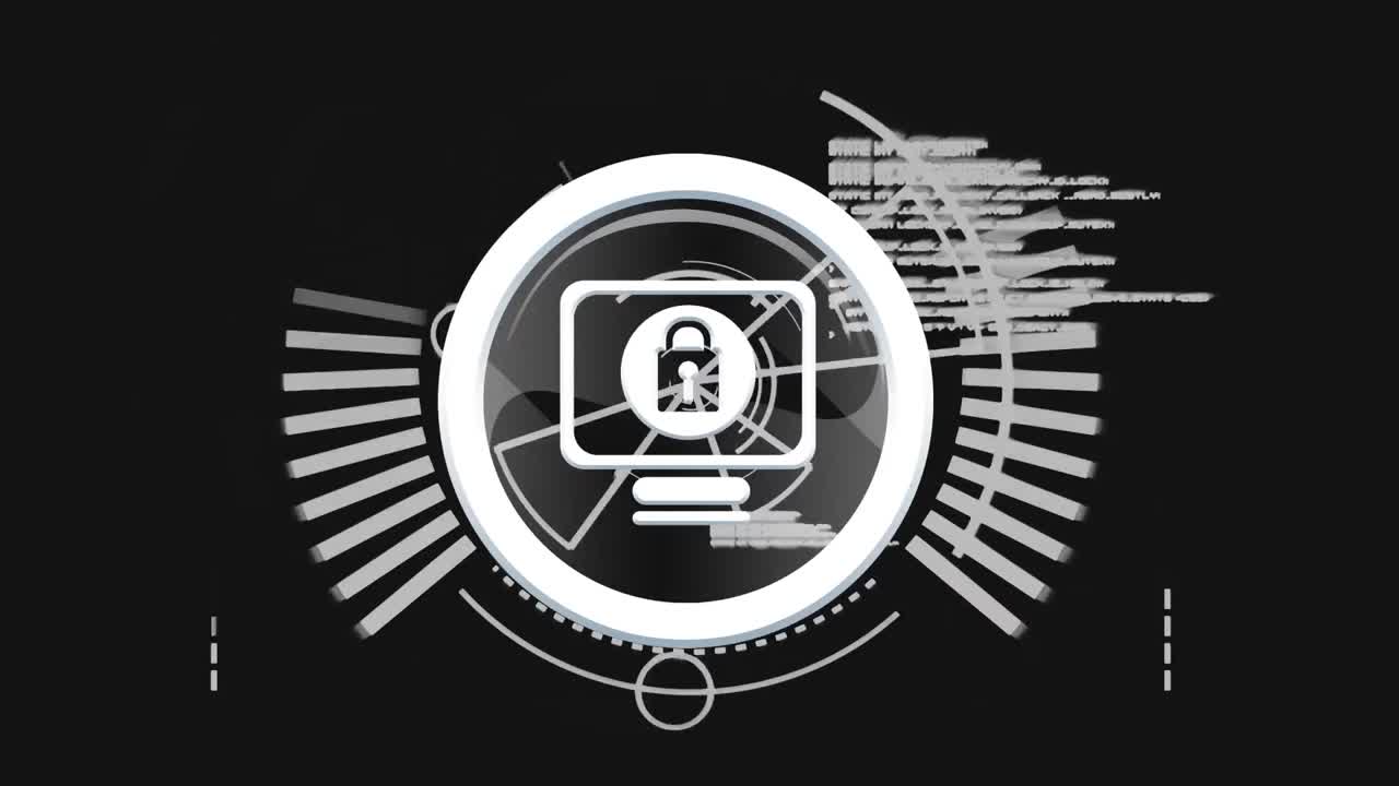 Animazione di un lucchetto di sicurezza online con elaborazione dati in sottofondo.