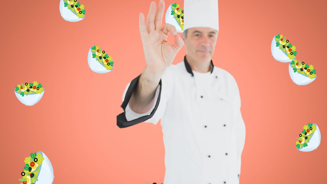 animación de un chef caucásico sobre iconos de ensalada en un fondo naranja