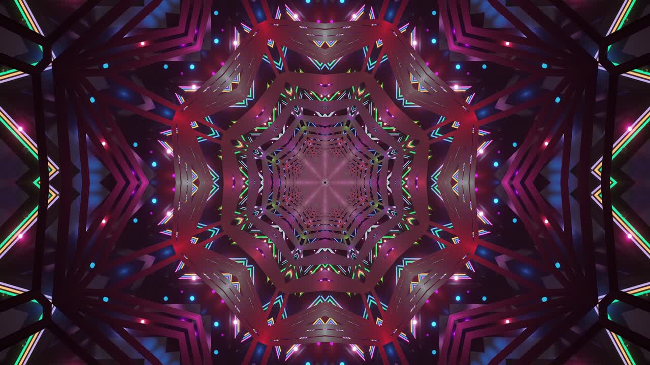 Dynamic and colorful geometric shapes pulse and shift in a mesmerizing pattern, creating a visually engaging experience