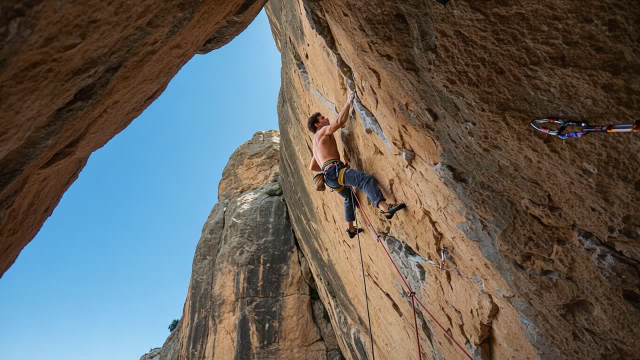Dynamic Rock Climbing Adventure: A Determined Climber Ascending a Sheer Granite Face Under a Bright Blue Sky, Capturing the Essence of Outdoor Exploration and Challenge