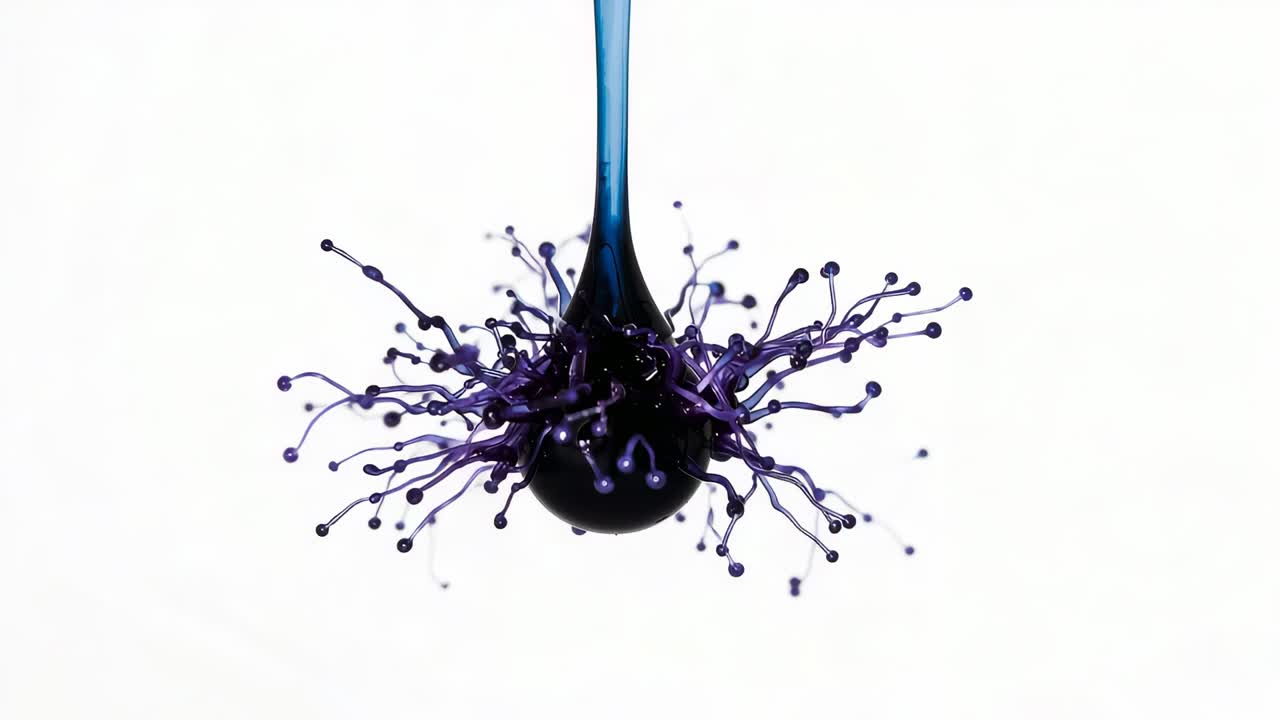 Descending blue column colliding with central purple droplet at studio, forming purple filaments