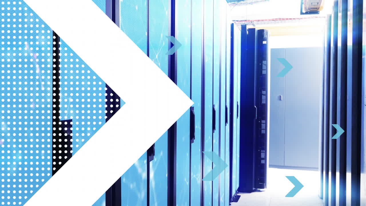 In data center, blue server racks with animation of arrow graphics overlay
