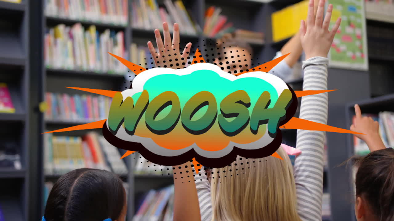 Children raising hands in library with WOOSH text animation overlay