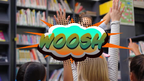 children raising hands in library with woosh text animation overlay