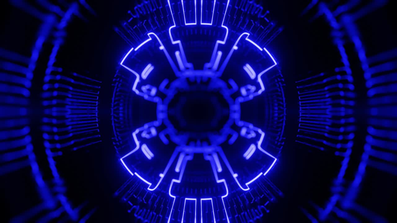 Animazione 4k in loop continuo. Volo attraverso un tunnel a specchio simmetrico con motivo al neon, motivo luminoso sci-fi. Riflesso luminoso al neon. Sfondo luminoso semplice, struttura sci-fi.
