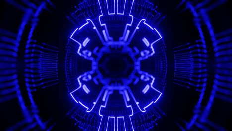 animación en bucle sin costuras de 4k. vuela a través de un túnel simétrico de espejo con patrón de neón, patrón de brillo de ciencia ficción. luz de neón de reflexión brillante. fondo brillante simple, estructura de ciencia ficción