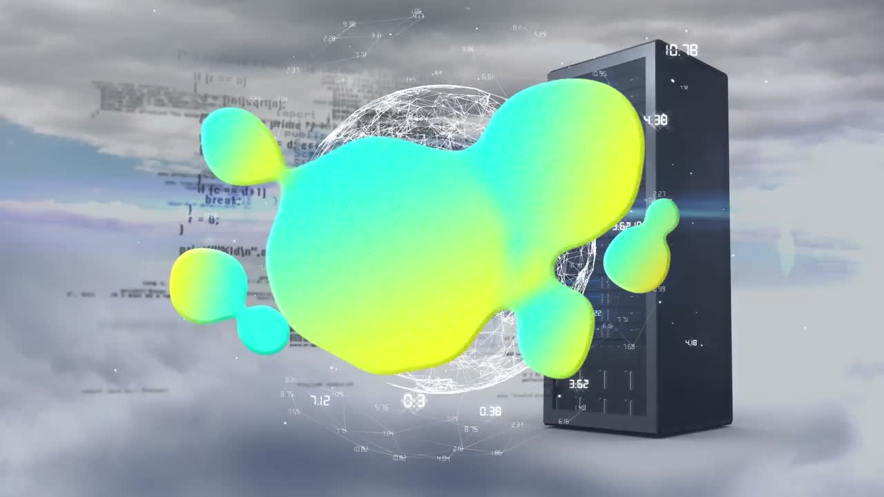 Gradient shape over globe of network of connections and computer server against clouds in sky
