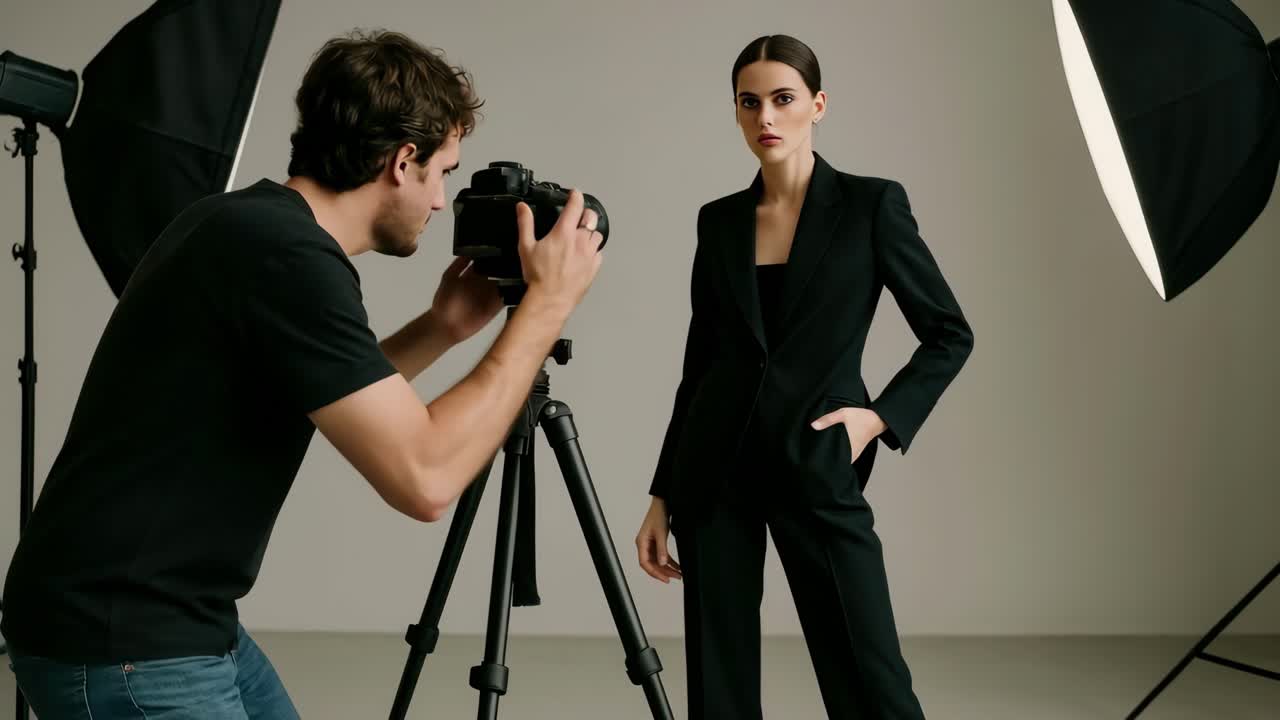 Una ripresa video professionale cattura un modello in un elegante abito nero