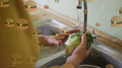 animation of hamburger icons over caucasian woman washing salat