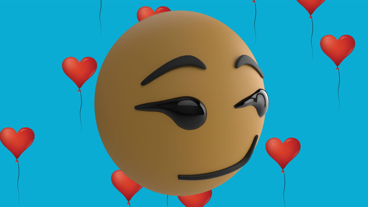 파란색 배경에  ⁇ 은 심장 풍선 아이콘과 함께 웃는 이모티콘 아이콘의 애니메이션