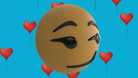 animación del icono de emoji sonriente con iconos de globos de corazón rojo sobre fondo azul