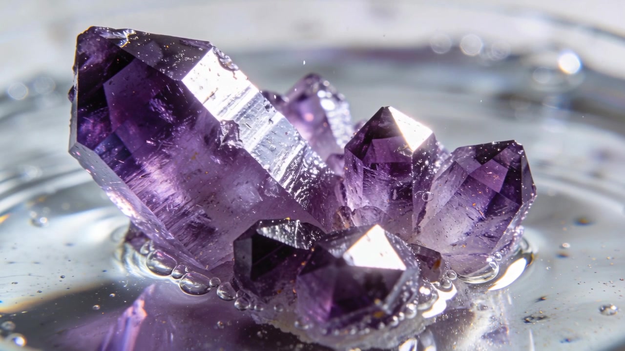 Goccioline che colpiscono l'acqua producendo increspature su un piatto riflettente, rivelando le sfaccettature di un cristallo di ametista.