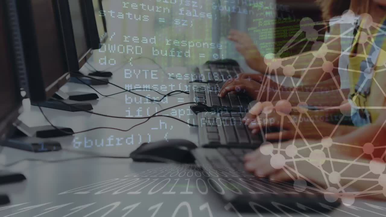 animación del procesamiento de datos en diversos escolares que utilizan computadoras