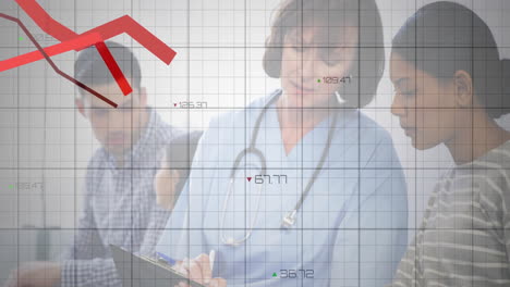 discussing patient records, healthcare professionals with declining stock chart animation