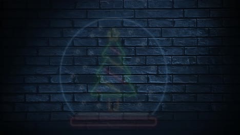 Animation-of-brick-wall-with-christmas-tree-in-snow-globe