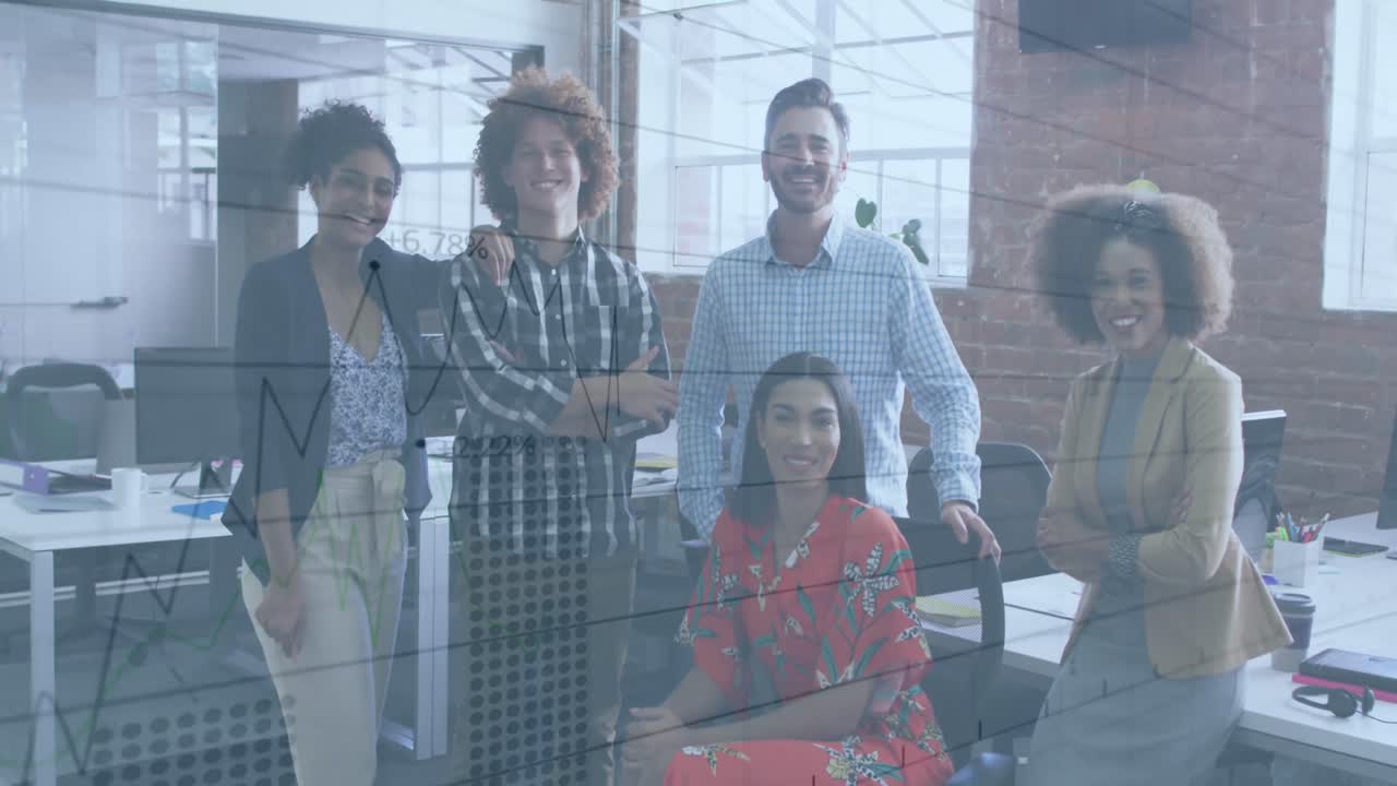 Animation of charts and data processing over smiling diverse creative business team