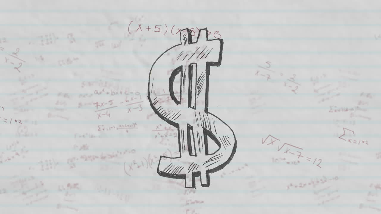 Simbolo del dollaro americano contro equazioni matematiche su foglio a righe bianco