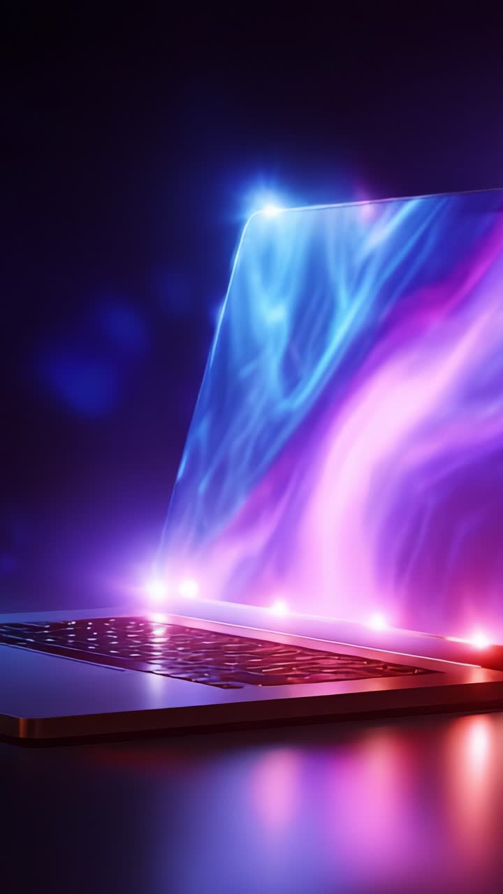Illuminated Laptop Display with Colorful Wave Patterns, Perfect for Representing Modern Technology and Digital Creativity in a Vibrant Aesthetic Setting
