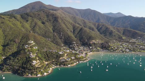 Beautiful-aerial-panoramic-view-of-coastal-town-in-New-Zealand-fjord
