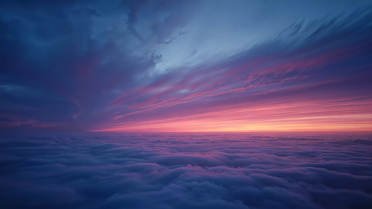 Glowing deep cloud deck shifting aloft as sunrise light brightening horizon, billowing plume moving