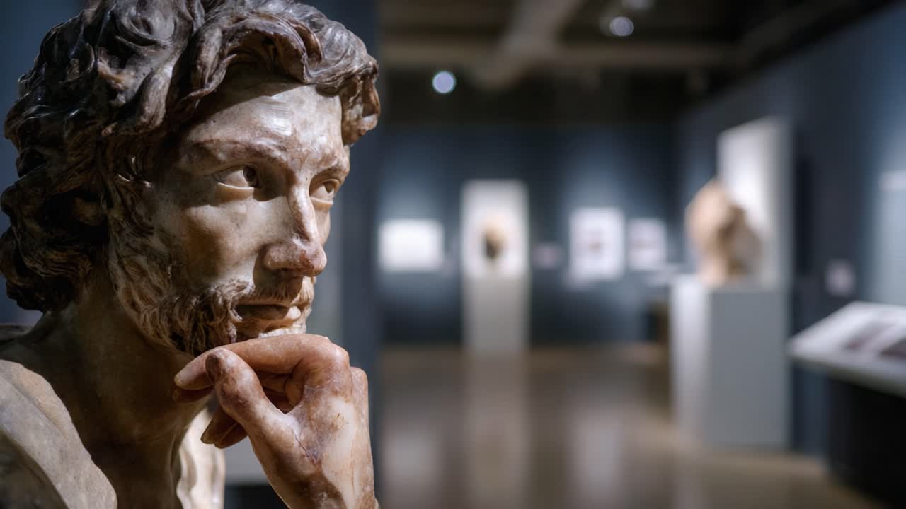 Scultura pensierosa in Galleria d'Arte: Una vista ravvicinata accattivante che attira l'attenzione sulla trama espressiva e sui dettagli dell'opera d'arte su uno sfondo curato.