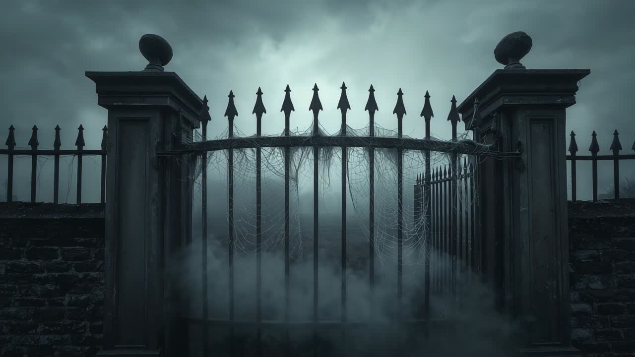 Swaying spider webs drifting in mist around iron gate at estate entrance, flanked by stone pillars