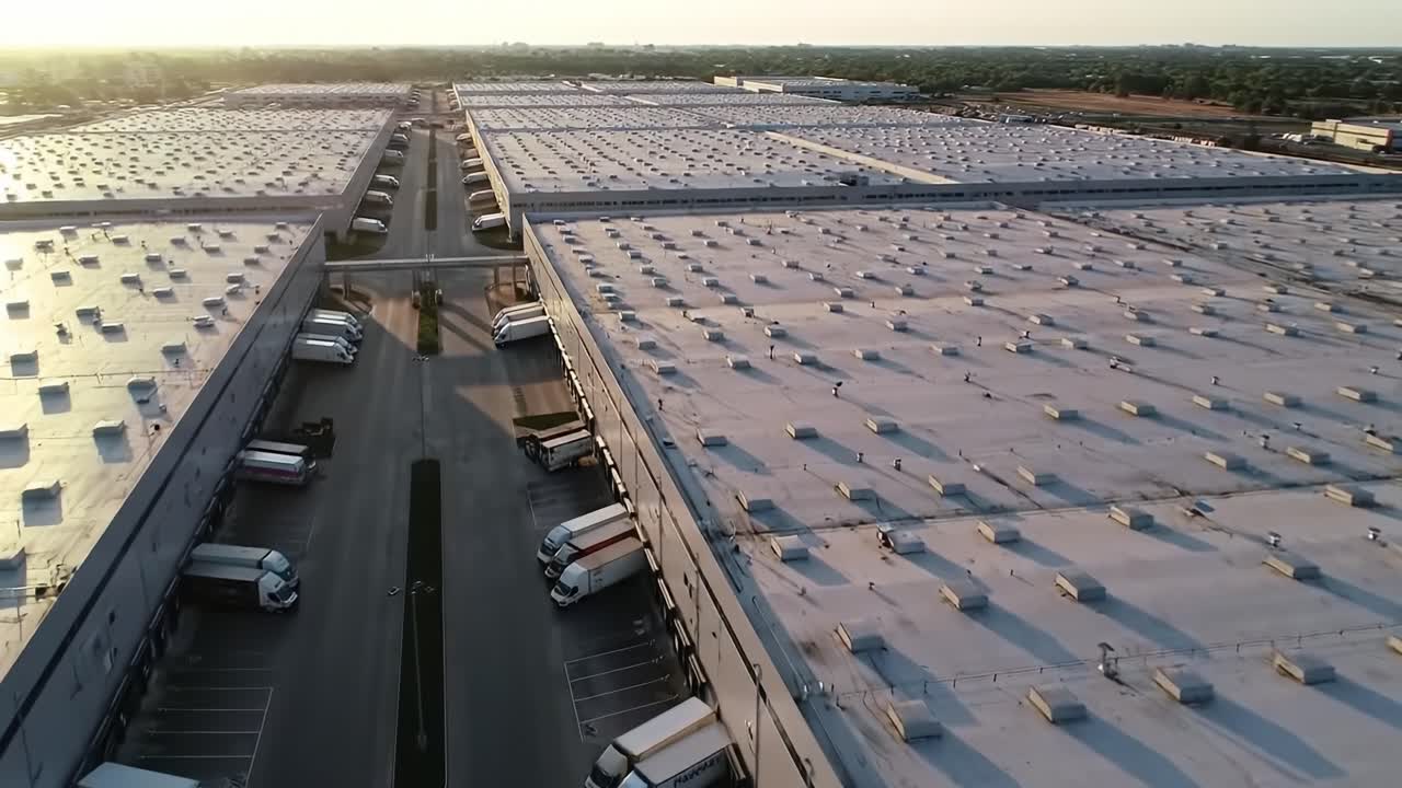Aerial View of a Large Distribution Center at Sunset, Showcasing Numerous Delivery Trucks Parked Along the Extensive Warehouse Rooftops