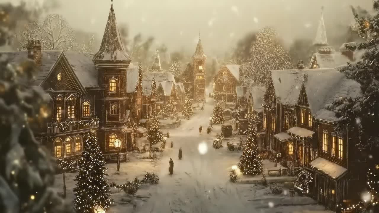Aerial view of a snowy, vintage village with festive lights, perfect for a holiday video
