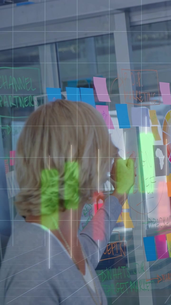 Vertical video: Biz woman placing notes, mapping ideas on glass, aligning color wheel for planning