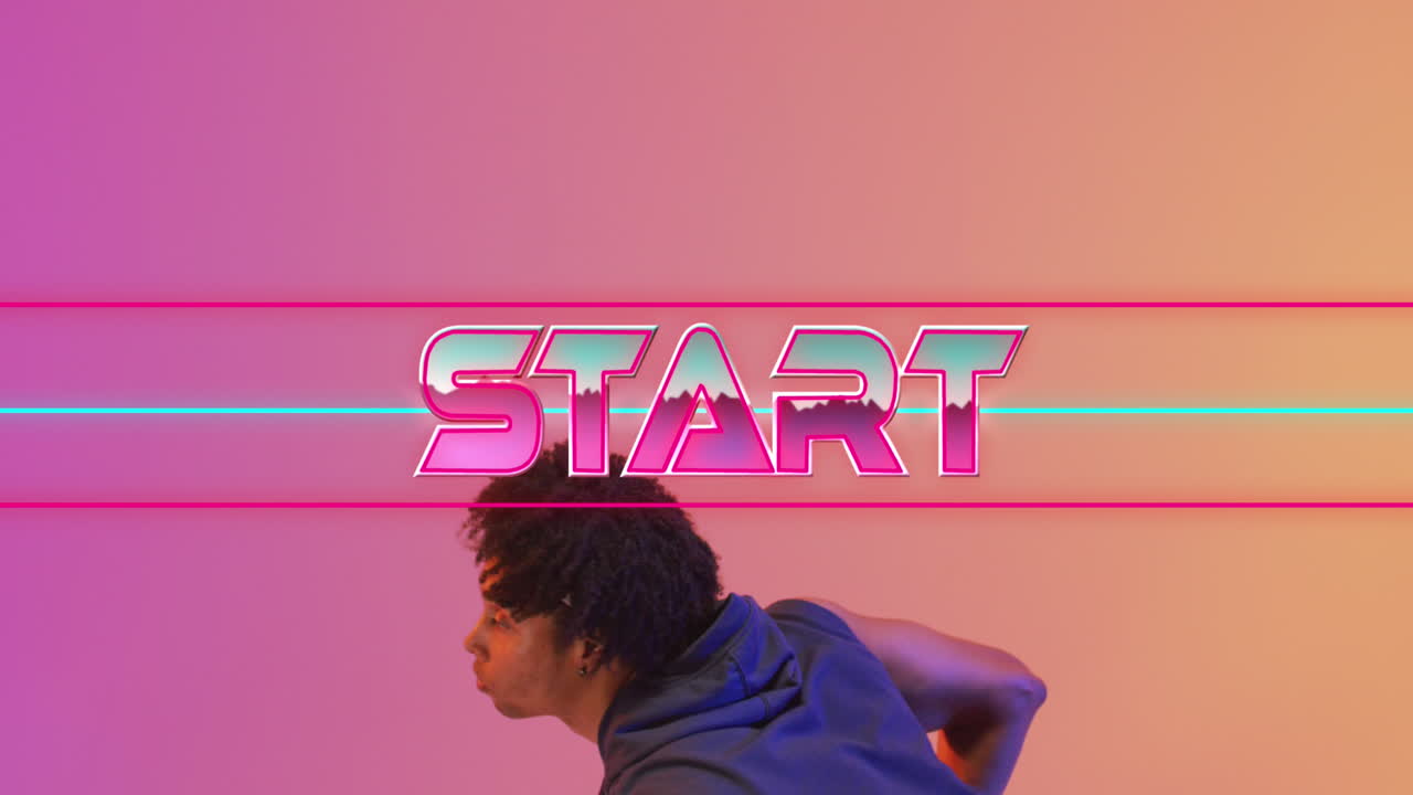 네온 배경에 농구 선수에 대한 시작 텍스트와 네온 라인의 애니메이션