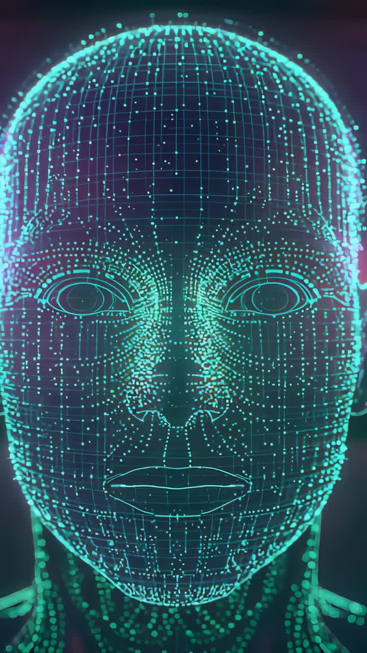 Vertical video: Pulsing neon wireframe head scanning in virtual studio, reacting to lens flare