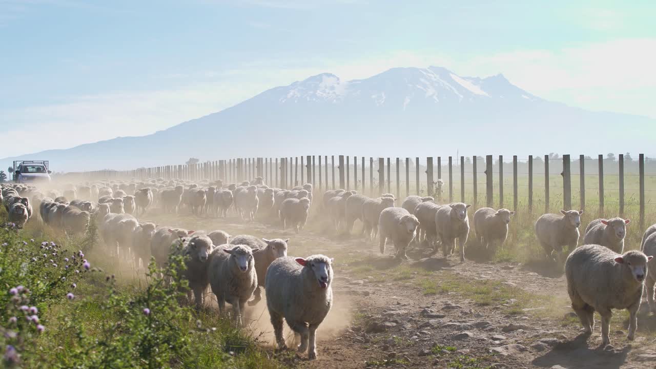 Un contadino che pascola un gregge di pecore in Nuova Zelanda, vicino al bellissimo Monte Ruapehu - campo lungo.