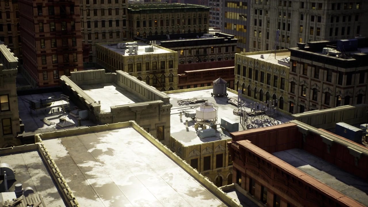 Morning sunlight reflects off rooftops and highlights cityscape features