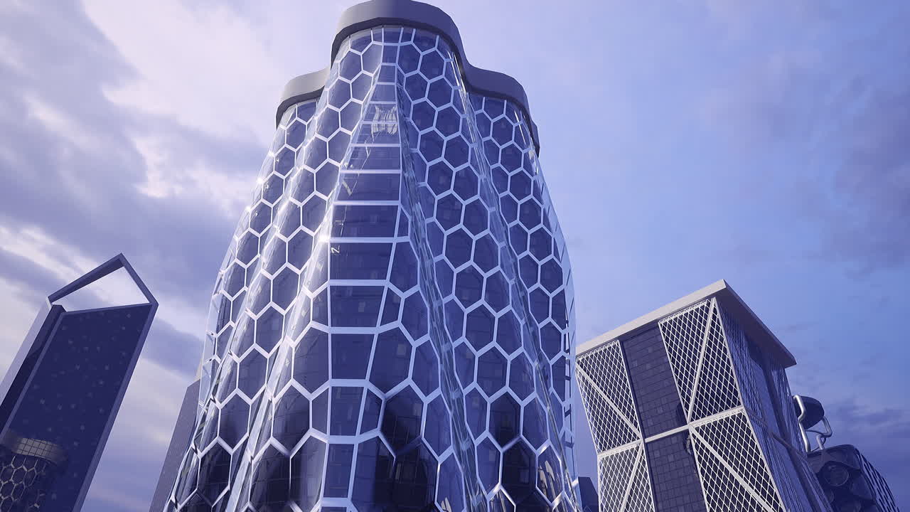 Modern architectural marvel with hexagonal design in urban setting