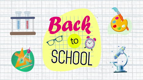 animation of back to school text and science concept icons against squared lined paper background