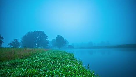 Orillas-De-Los-Ríos-Verdes-Envueltos-En-Niebla-En-Letonia