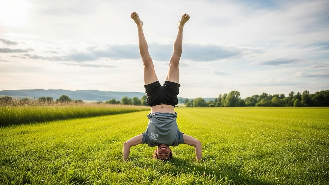 A Young Person Enjoying a Handstand on a Lush Green Field Under a Beautiful Sky, Demonstrating Balance and Joy in a Serene Outdoor Setting