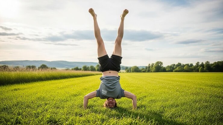 Una persona giovane che si gode una verticale su un campo verde lussureggiante sotto un cielo bellissimo, dimostrando equilibrio e gioia in un ambiente esterno sereno.