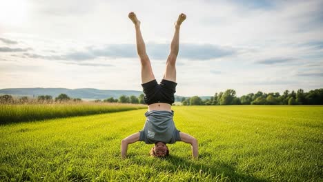 a young person enjoying a handstand on a lush green field under a beautiful sky, demonstrating balance and joy in a serene outdoor setting